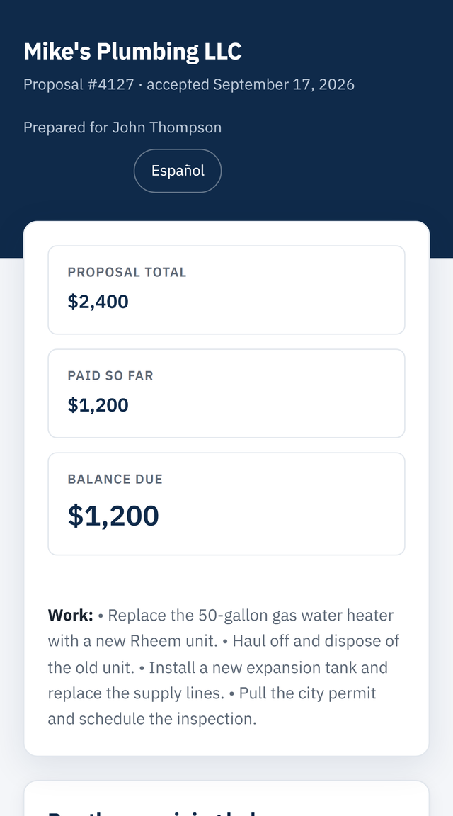 The balance page: total, paid so far, balance due, and a Pay button